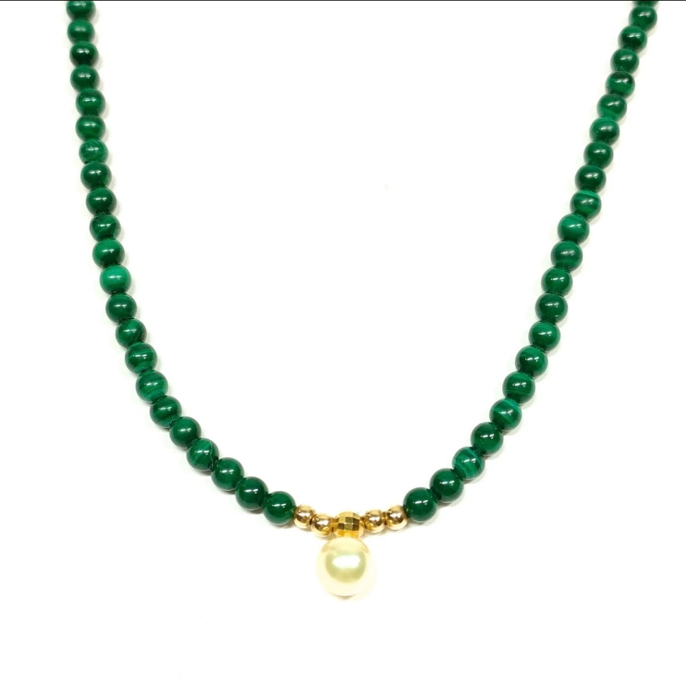18 K - Pearl Pendant Necklace with Malachite Stones -‎ EVC